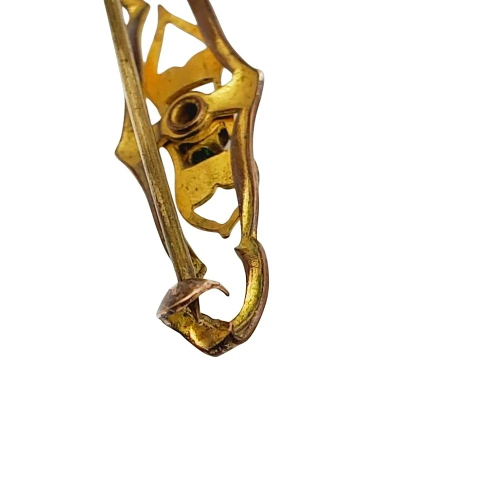 Antique Bar Pin Gold Tone Green Rhinestone Filigree Brooch Victorian Revival Vtg